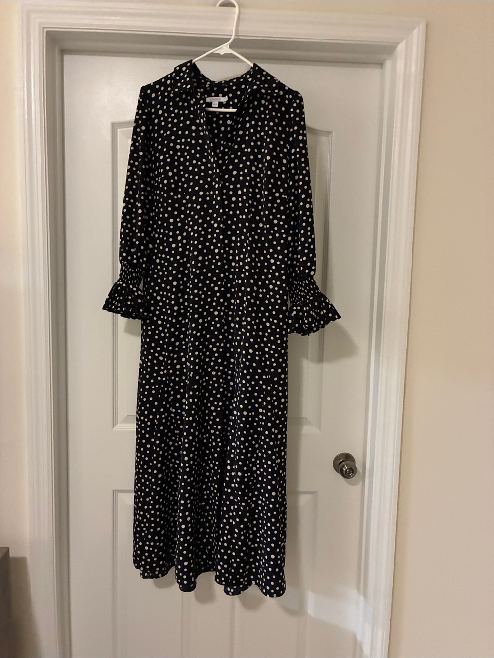 CHICO'S Polka Dot Shirtdress | Smocked Ruffle Cuffs & Long Sleeve | Black/White - Picture 3 of 7